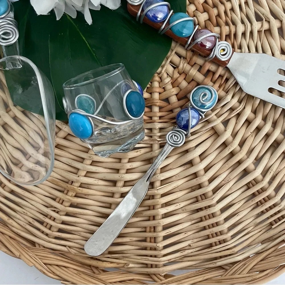 Handcrafted beaded 4 piece wire set spatula, cup, scooper, spreader set Artisan